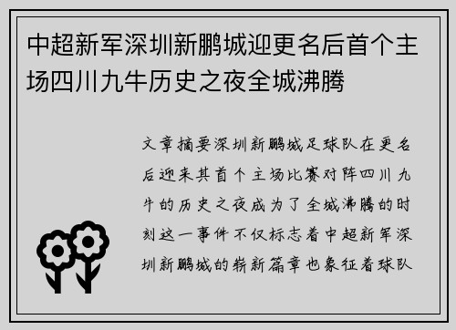 中超新军深圳新鹏城迎更名后首个主场四川九牛历史之夜全城沸腾 中超新军深圳新鹏城迎更名后首个主场四川九牛历史之夜全城沸腾