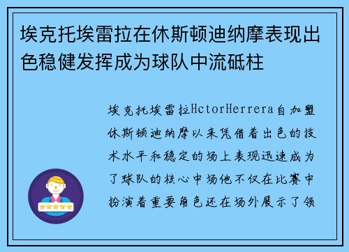 埃克托埃雷拉在休斯顿迪纳摩表现出色稳健发挥成为球队中流砥柱