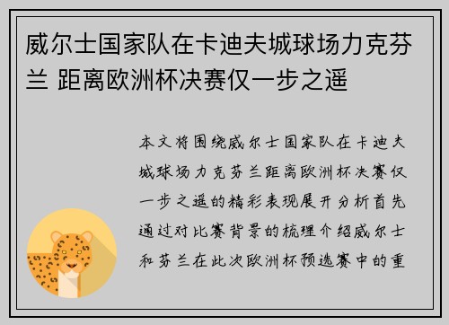 威尔士国家队在卡迪夫城球场力克芬兰 距离欧洲杯决赛仅一步之遥 威尔士国家队在卡迪夫城球场力克芬兰 距离欧洲杯决赛仅一步之遥