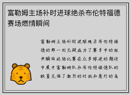 富勒姆主场补时进球绝杀布伦特福德赛场燃情瞬间